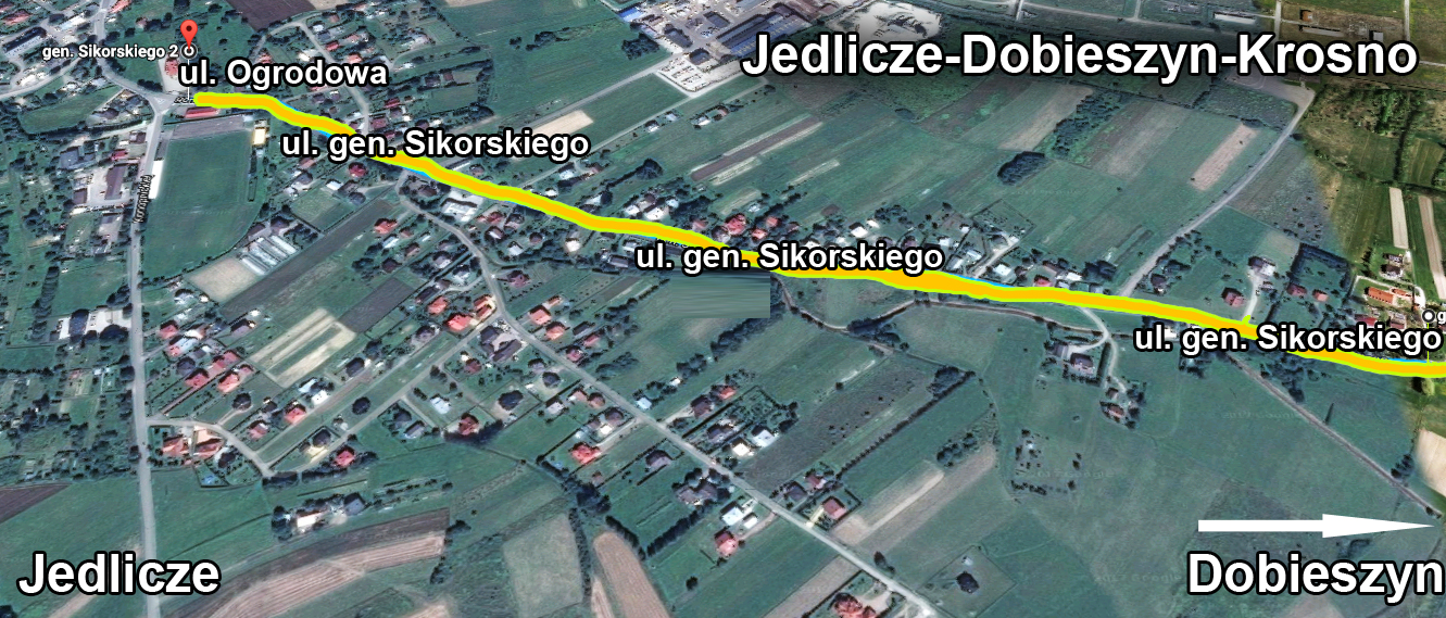 Planowany przebieg budowy chodnika w ciągu drogi Jedlicze-Dobieszyn-Krosno / infografika / google maps